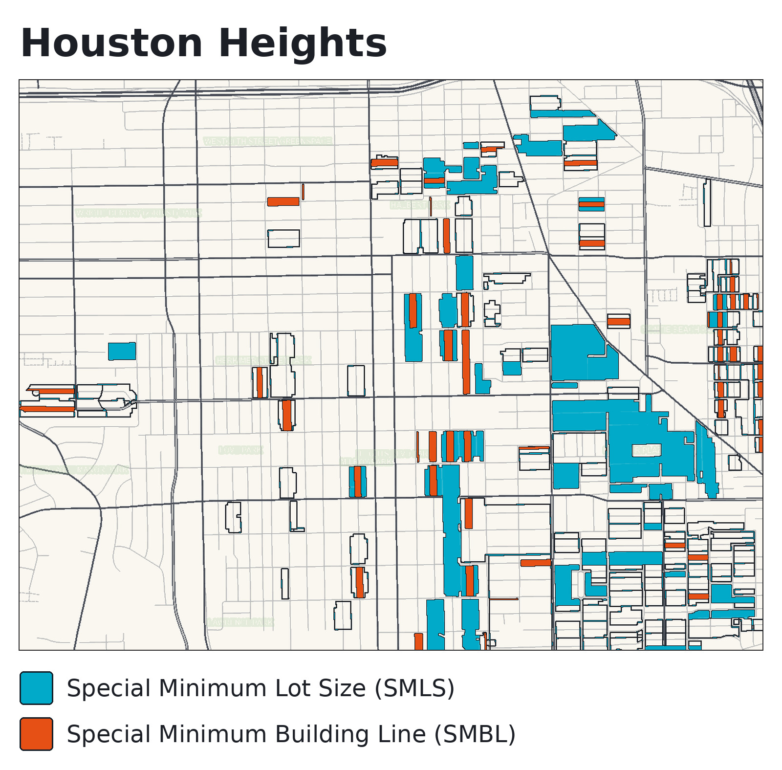 Map of Special Minimum Lot Size and Special Minimum Building Line areas in Houston Heights