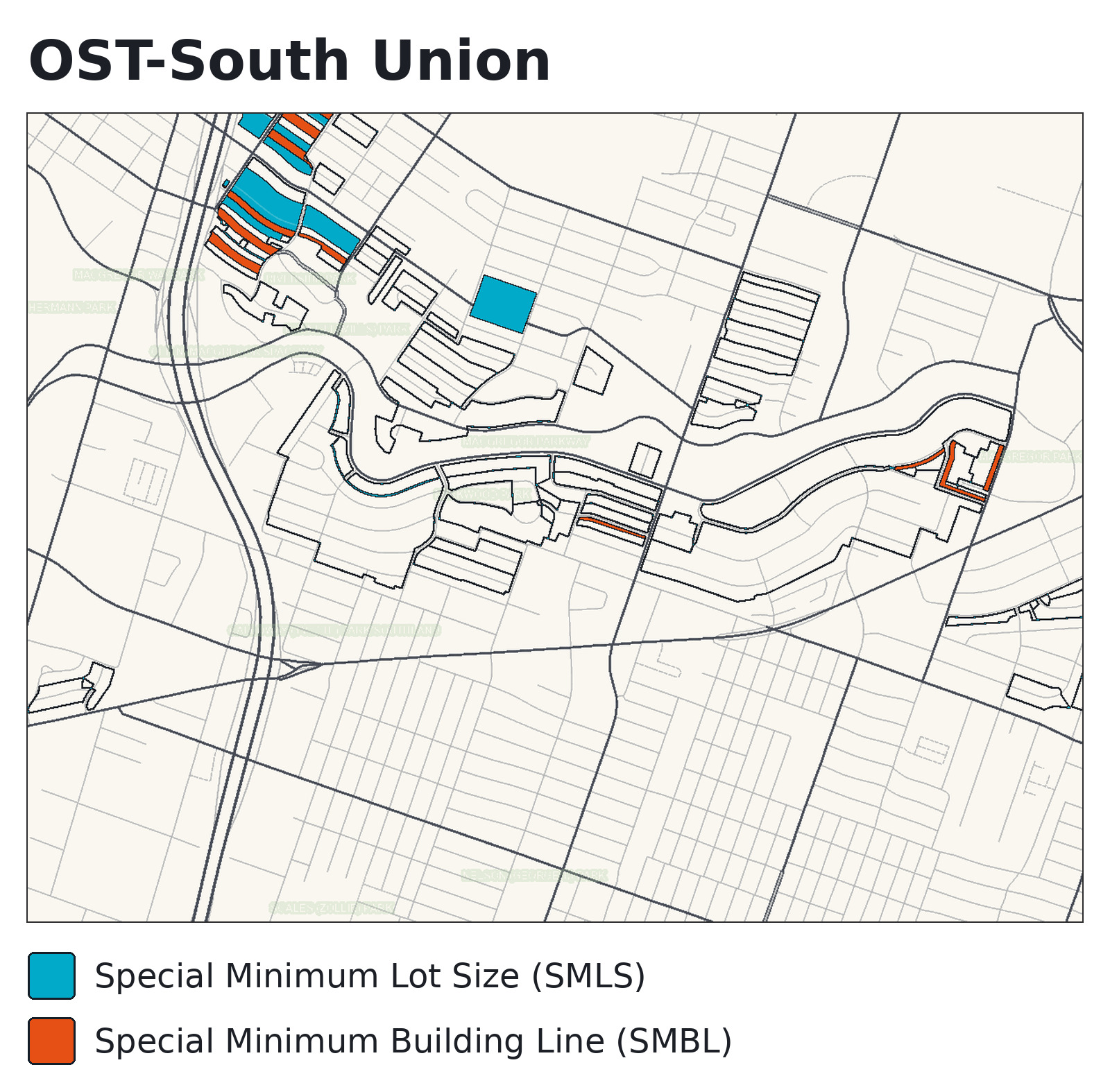 Map of Special Minimum Lot Size and Special Minimum Building Line areas in OST-South Union