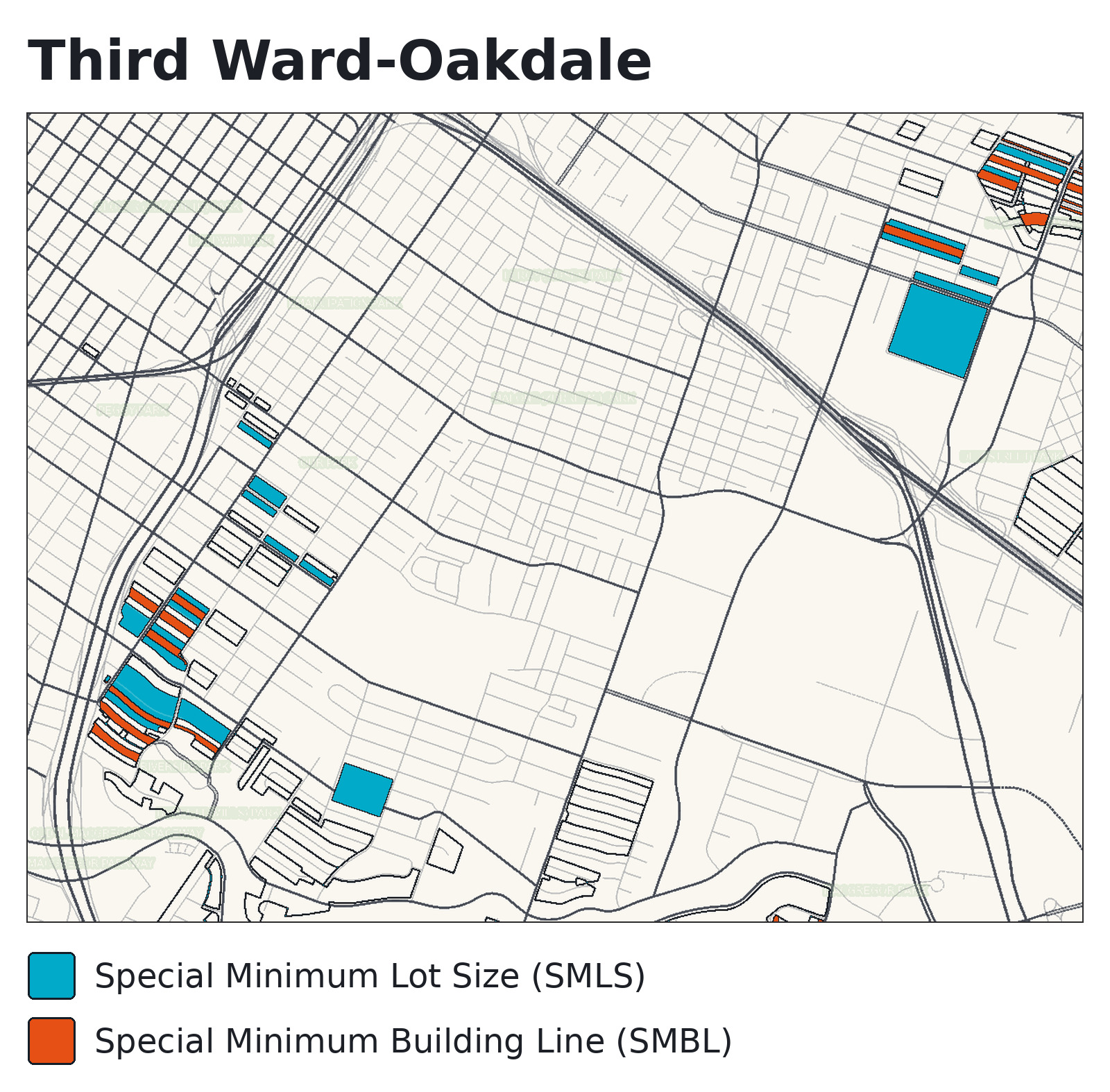 Map of Special Minimum Lot Size and Special Minimum Building Line areas in Third Ward-Oakdale