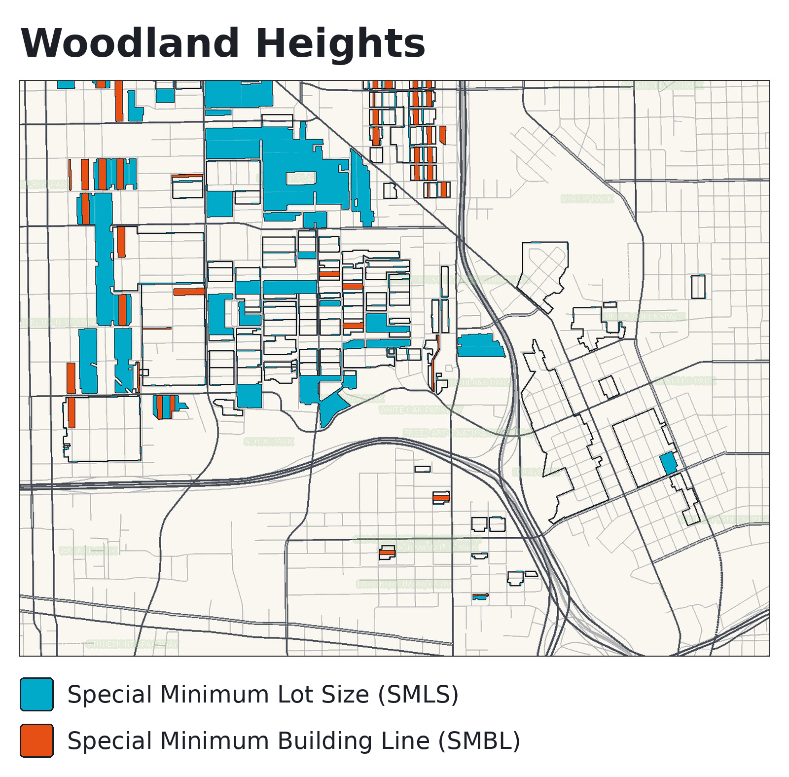 Map of Special Minimum Lot Size and Special Minimum Building Line areas in Woodland Heights