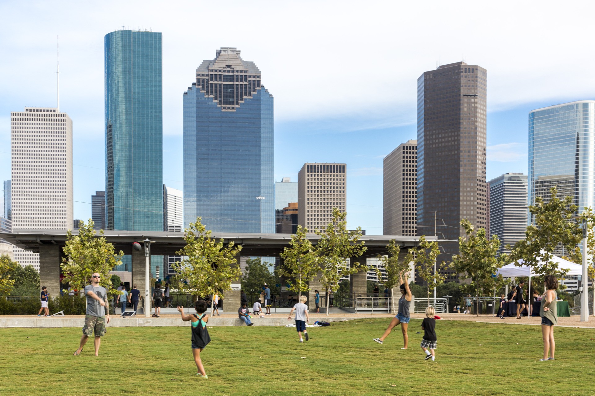 The Buffalo Bayou Park Visitor Center at The Water Works, with the Brown Foundation Lawn and the downtown skyline